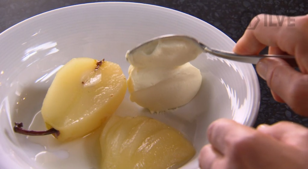 poached pears in vermentino