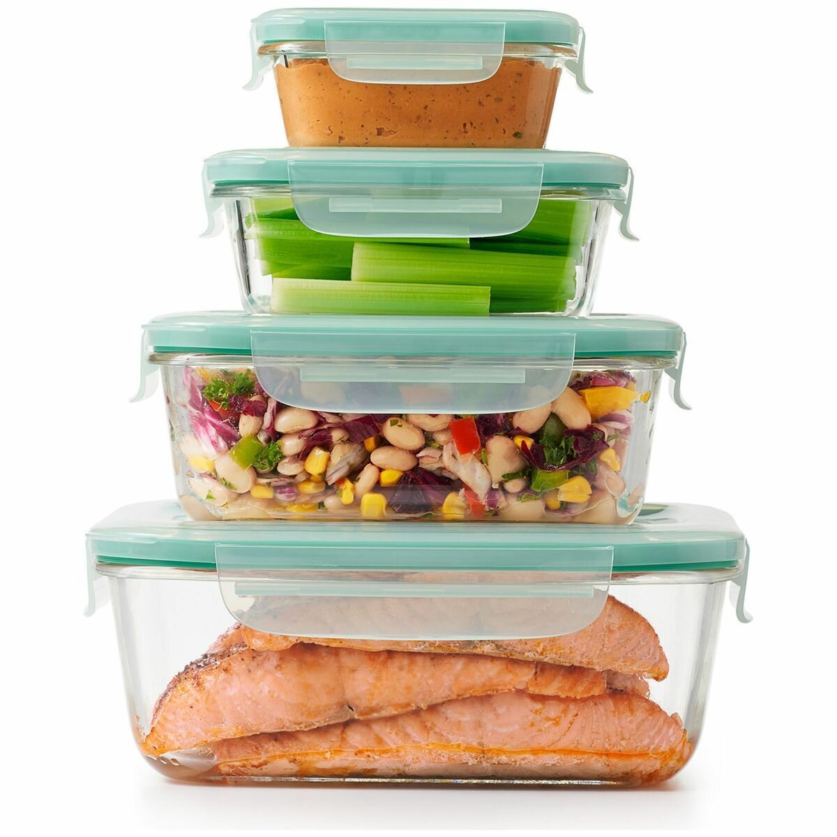OXO Four Piece Smart Seal Glass Rectangular Container Set 48584 hero image