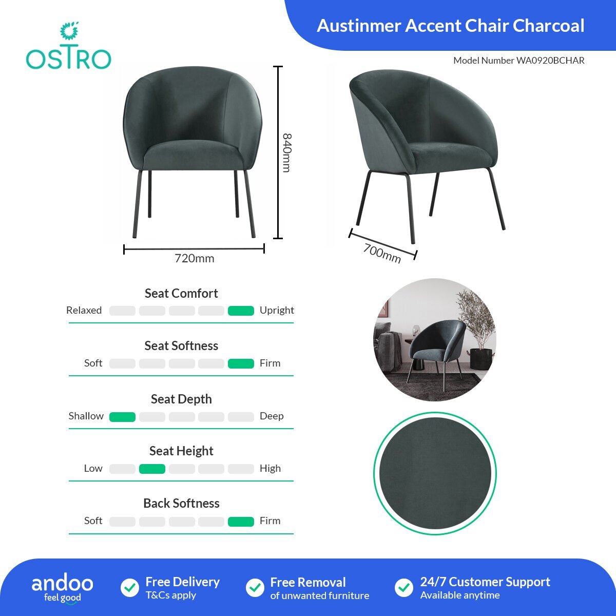 Ostro Austinmer Accent Chair Charcoal WA0920BCHAR hero image