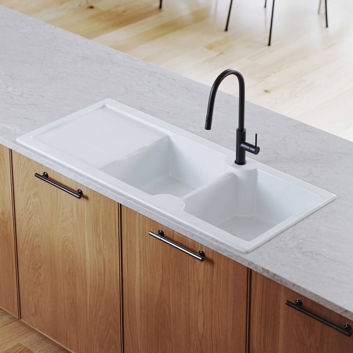 Turner Hastings Cuisine 116 x 50 Inset or Undermount Double Bowl Left Hand Drainer Sink with Tap Hole - Gloss White CUD116FS-LHD hero image