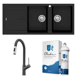Oliveri Santorini 1 and 3/4 Right Hand Bowl with Drainer and Vilo Pull Out Black Tap Pack with Filter Kit 0426BSTBLBL1512OF hero image