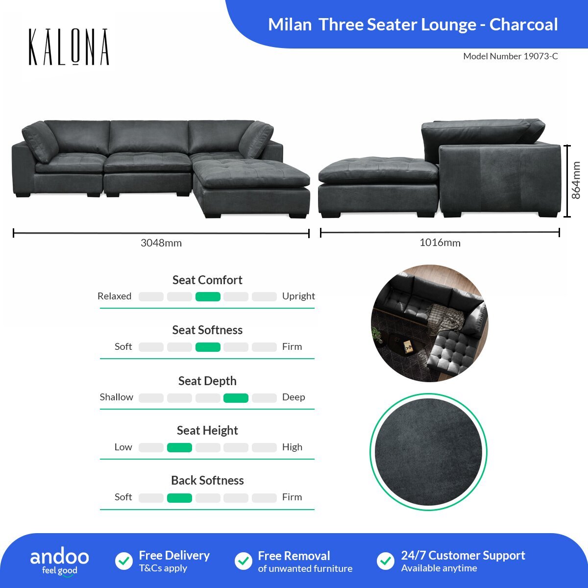 Kalona Milan Three Seater Charcoal Leather Lounge 19073-C hero image