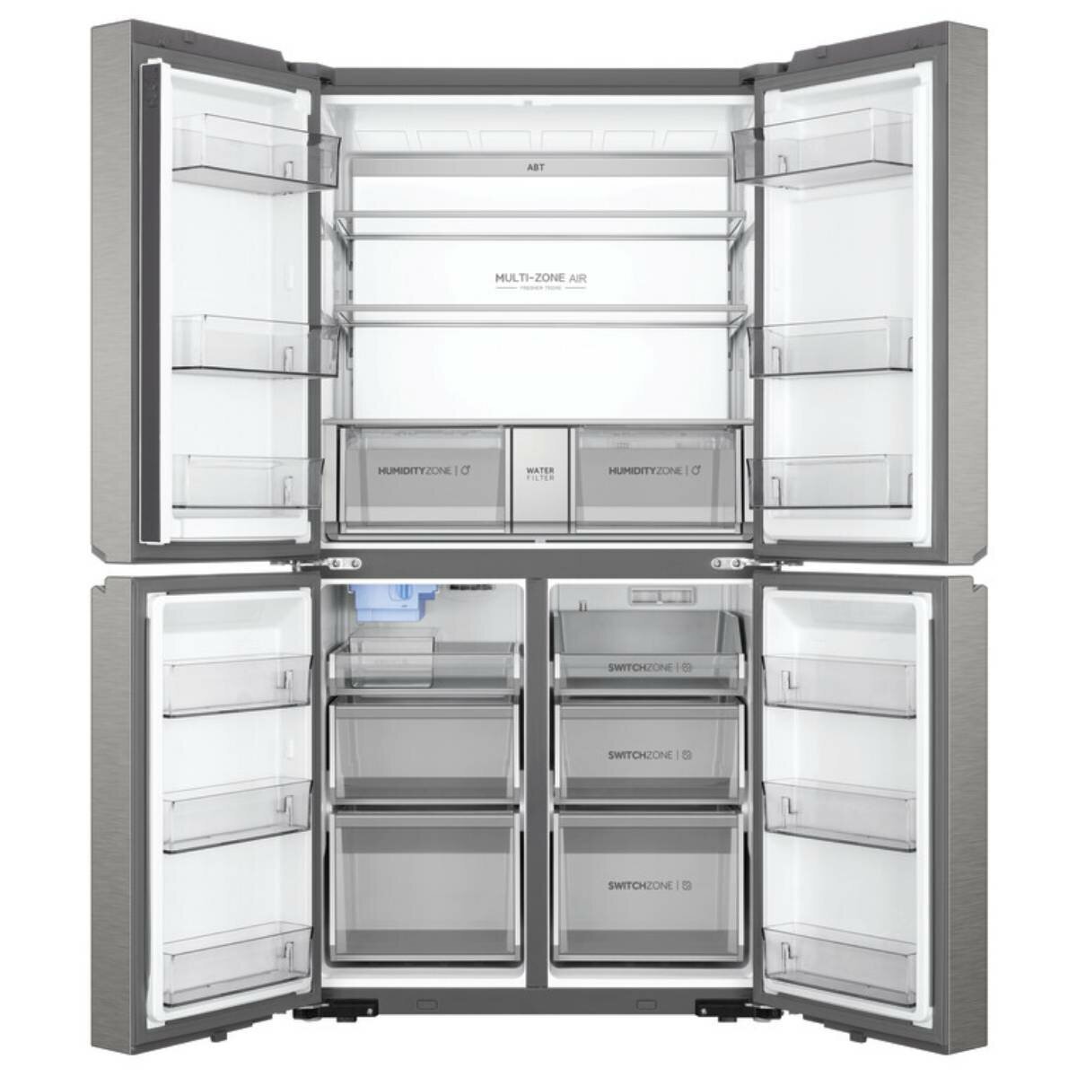 Haier 623L Quad Door Refrigerator with Ice and Water Satina Silver HRF680YPS hero image