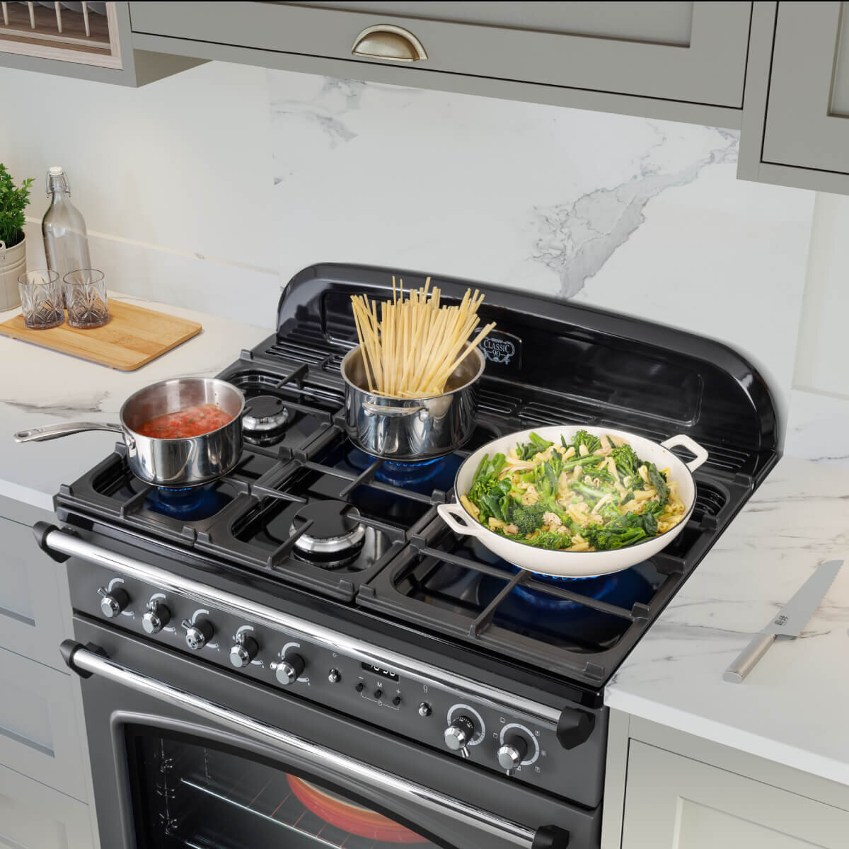 Falcon 90cm Classic FX Dual Fuel Freestanding Oven/Stove Stone Blue and Brass CLA90FXDFSB-BR hero image