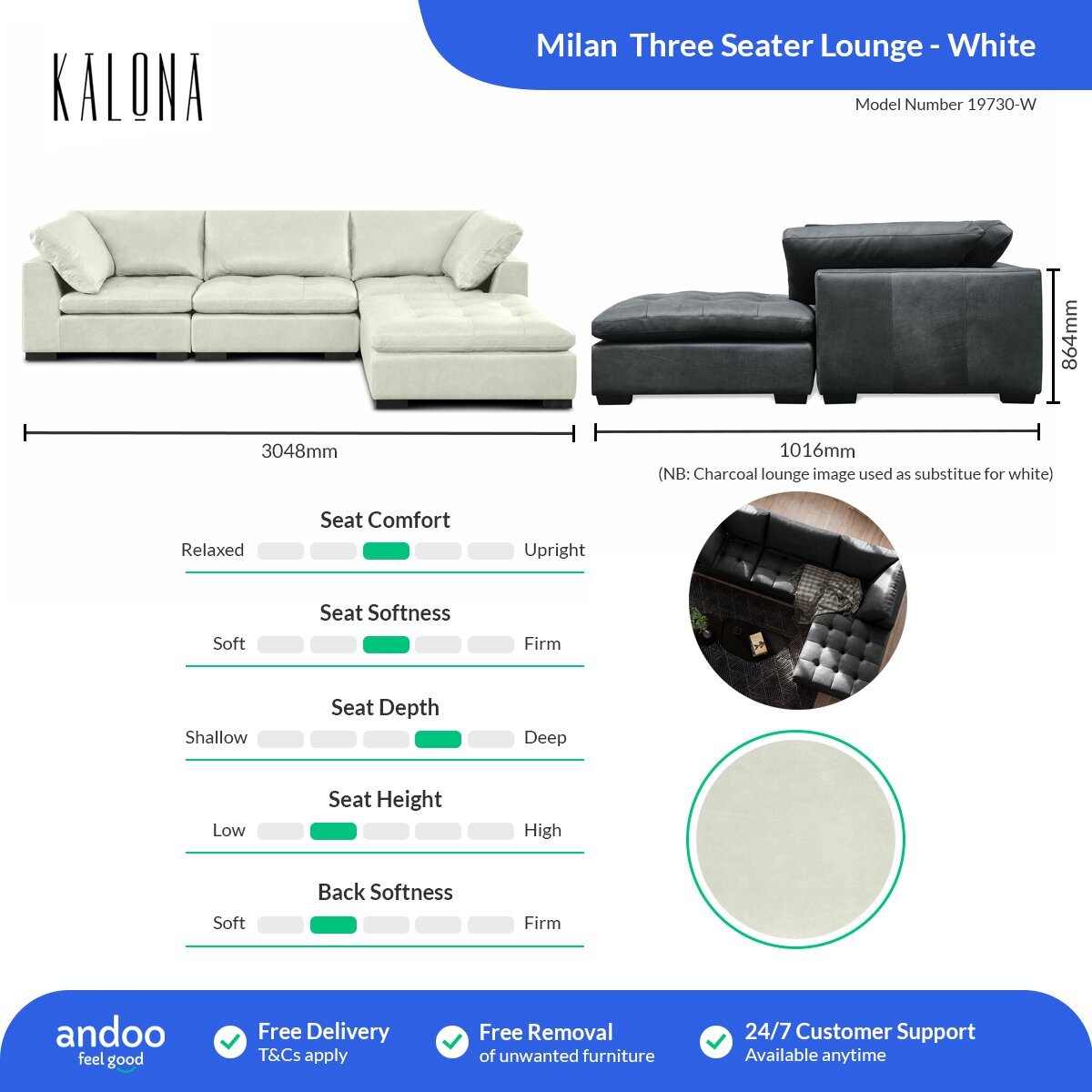 Kalona Milan Three Seater White Leather Lounge 19730-W hero image