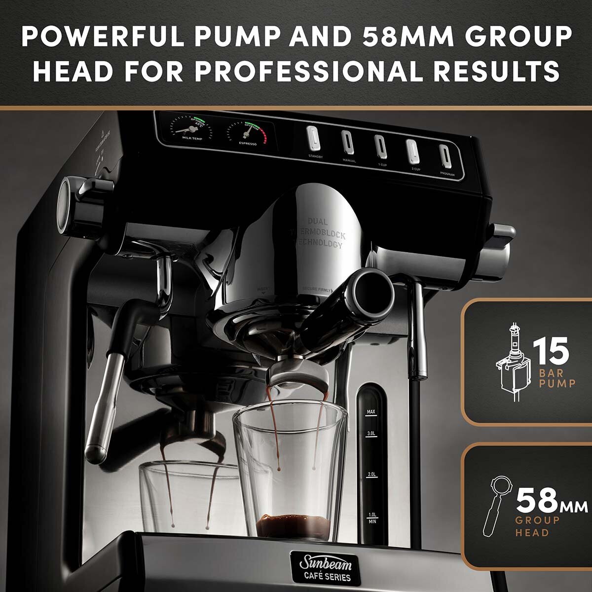 Sunbeam Cafe Series Duo Espresso Machine EMM7200BK Appliances Online