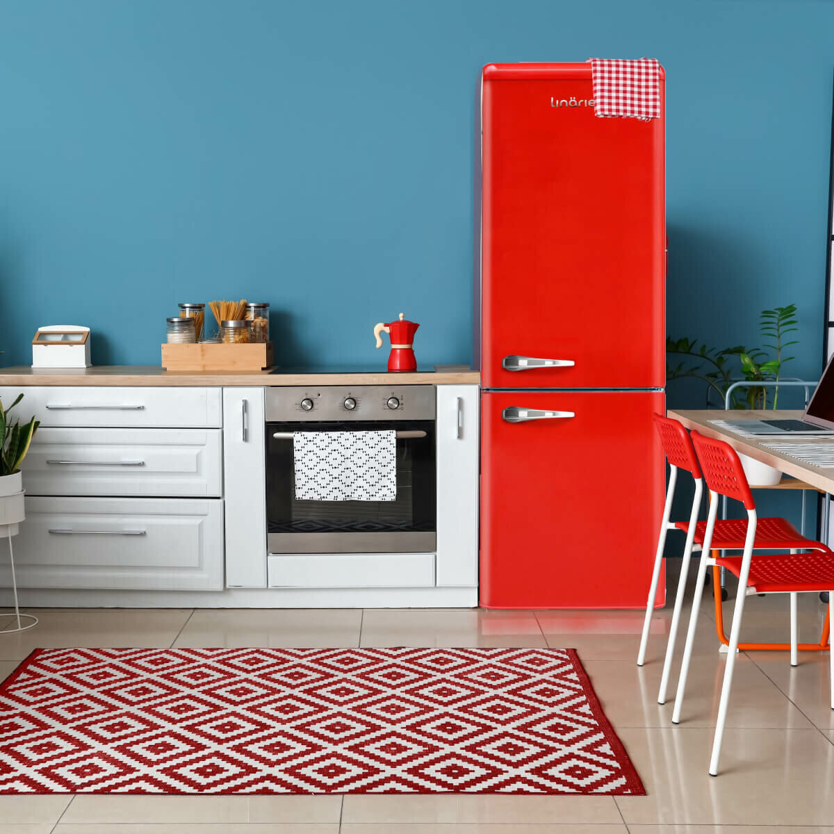 Red stove and store refrigerator