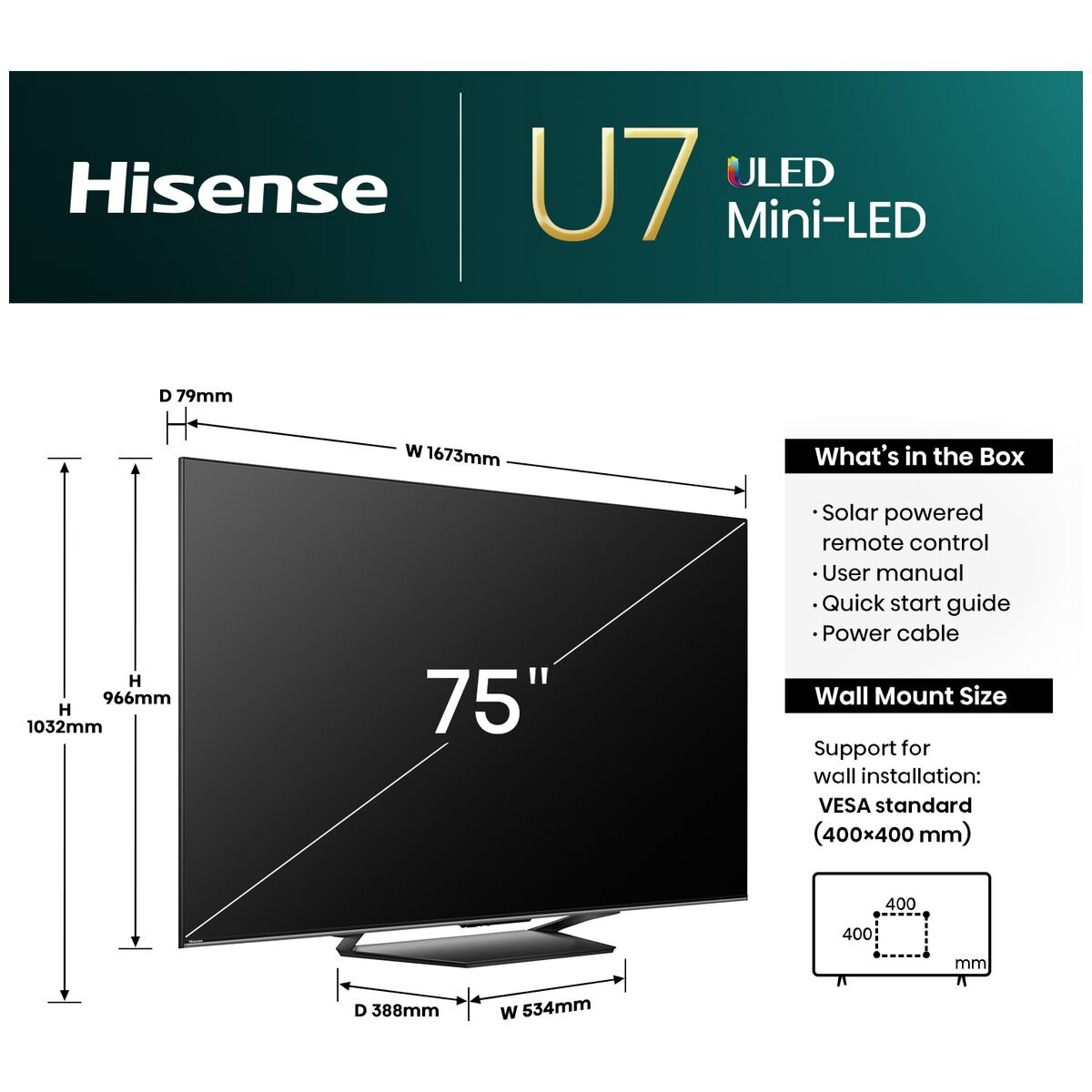 Hisense 75 Inch U7N ULED 4K Mini LED Smart TV 75U7NAU hero image