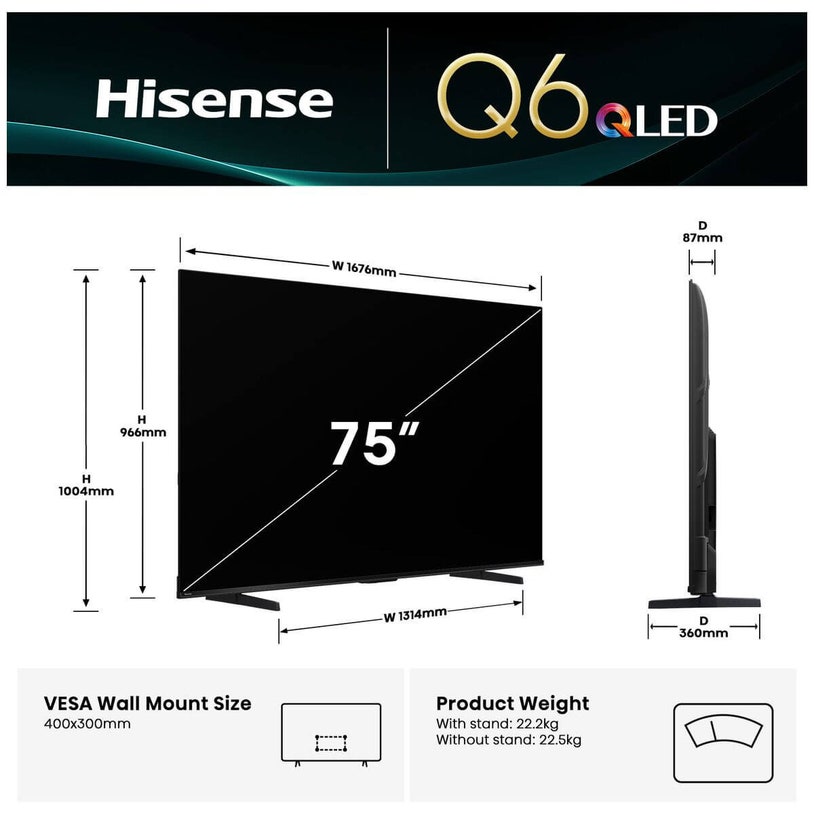 Hisense 75 Inch Q6QAU 4K Smart QLED TV 75Q6QAU [2025] | Appliances Online