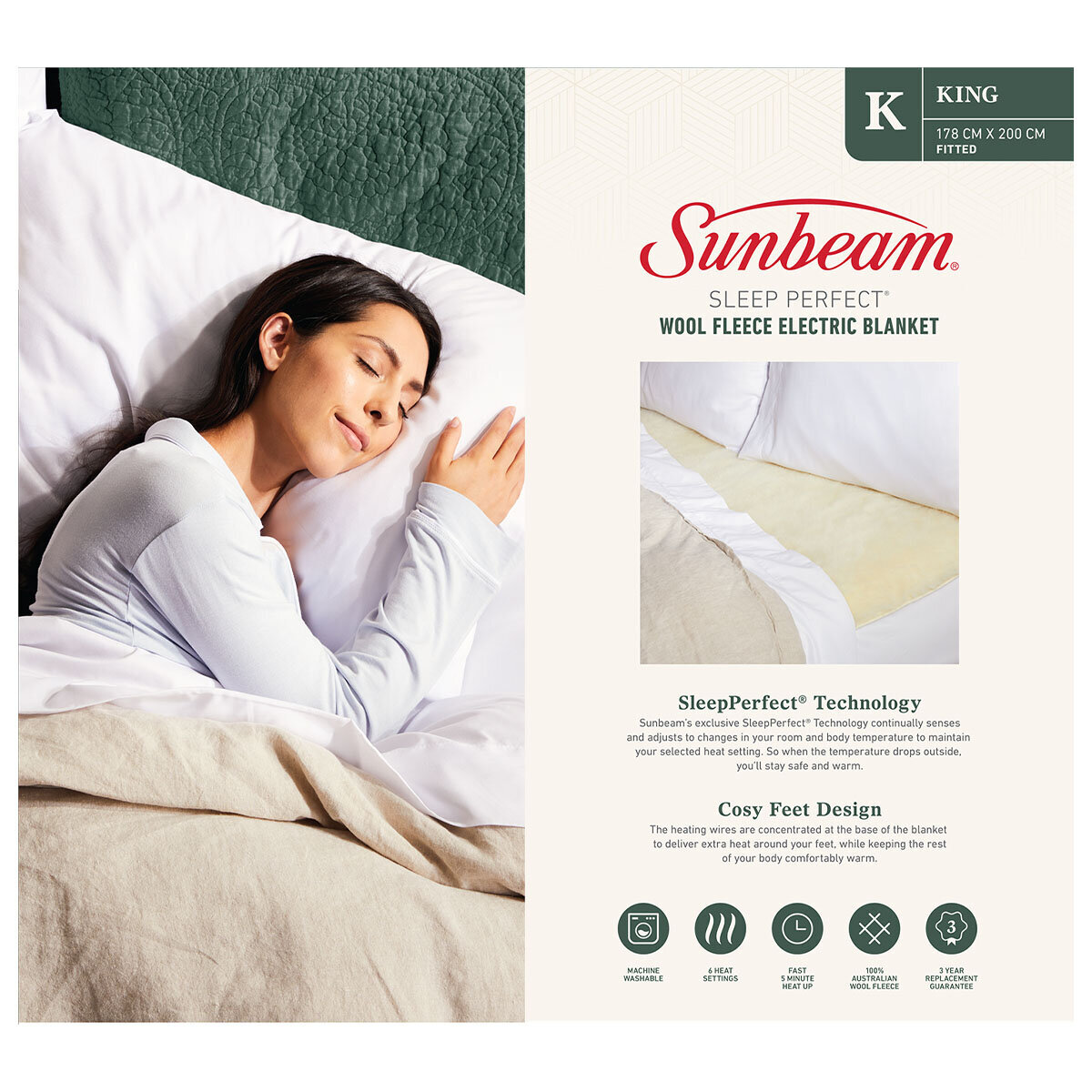 Sunbeam Sleep Perfect Wool Fleece Electric Blanket King BLW5671 Appliances Online