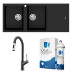 Oliveri Santorini 1 and 3/4 Left Hand Bowl with Drainer and Vilo Pull Out Black Tap Pack with Filter Kit 0426BSTBLBL1511OF hero image