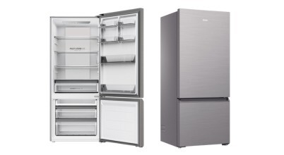 The Haier 433L Bottom Mount Refrigerator Satina Silver HRF420BS sold in Australia by Appliances Online