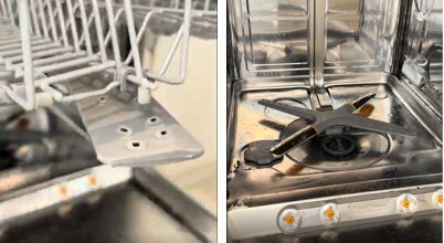 Spray arms in dishwashers can become blocked by food scraps or build-up of minerals, especially in hard water areas