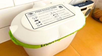 A FOGO kitchen caddy small bib for Food Organics Garden Organics waste