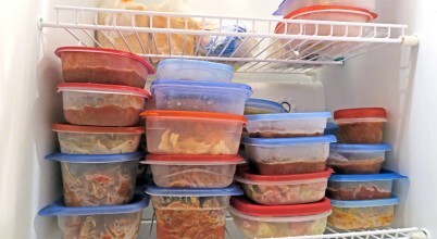 Portions of cooked meals in a domestic home freezer