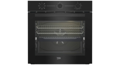 A black glass and dark stainless steel Beko 60cm built-in oven with telescopic shelves sold in Australia by Appliances Online with free delivery