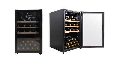 Black LeCavist 63 bottle single zone wine fridge with wood trim shelves sold in Australia by Appliances Online with free delivery