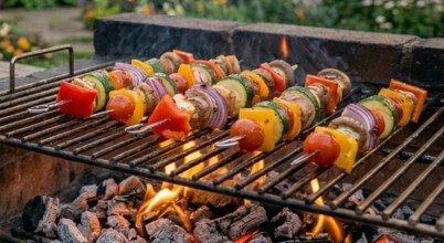 Vegetable skewers on flame BBQ