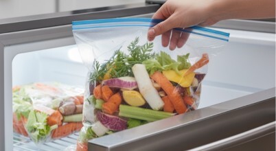A zip lock freezer bag of vegetable scraps being placed in a freezer