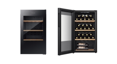 Hisense 30 bottle wine cabinet in black displaying wooden shelves sold in Australia by Appliances Online with free delivery.