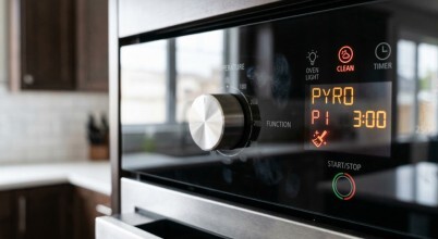 A digital oven display shows the control panel of a pyrolytic oven during the self-cleaning cycle