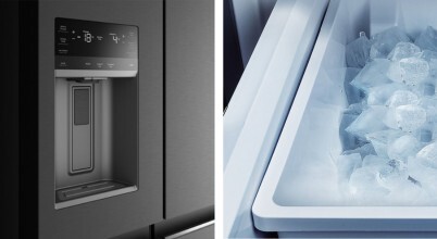 A Westinghouse external filtered water and ice dispenser, and a Hisense internal fridge automatic ice cube maker storage bin