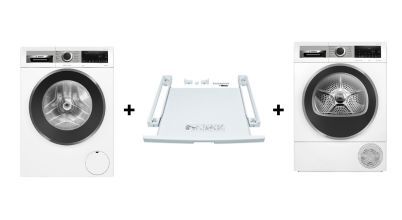 A Bosch brand washing machine, heat pump dryer and branded stacking kit that can be stacked together.