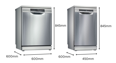 A comparison of the dimensions of a freestanding standard full size regular Bosch dishwasher and a slimline Bosch dishwasher
