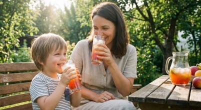 A woman and young boy enjoy icy cold drinks in a garden setting