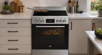 A Beko brand freestanding electric cooker in a contemporary kitchen: original product image augmented with AI for lifestyle setting