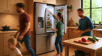 A French door fridge in a busy kitchen