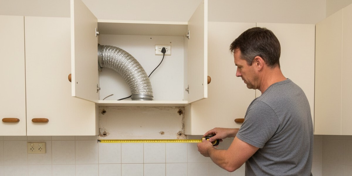 A man measures a space for a new rangehood