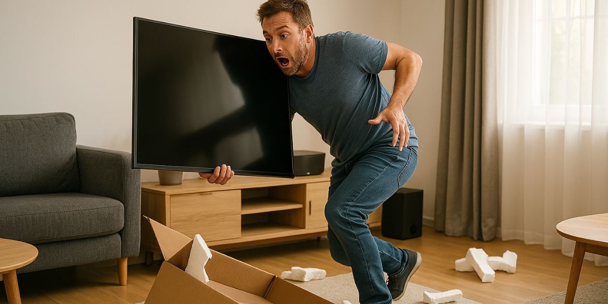 A man trips over boxes while setting up a new TV.
