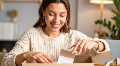 A smiling woman opening a box