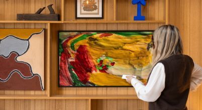 Interior design lover Imo of Imo + Al displays a children's artwork on The Frame TV by Samsung