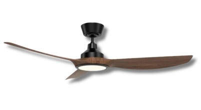 The Mercator Jota 132cm DC ceiling fan with LED light and remote control in dark timber-look finish sold in Australia by Appliances Online with free delivery