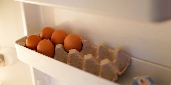 Eggs in fridge in cardboard carton