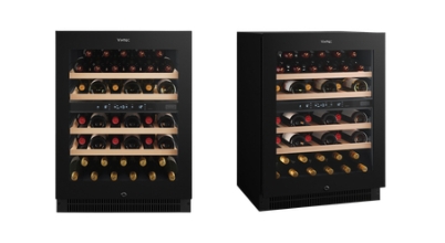 Vintec 40 bottle dual zone wine fridge showing extendable timber shelves sold in Australia by Appliances Online with free delivery