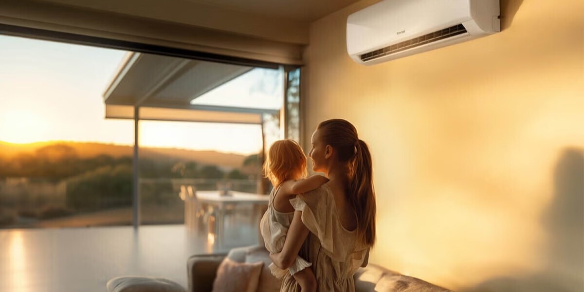 A womana nd child near a Rinnai brand air conditioner unit