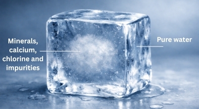 A diagram of an ice cube showing the pure water outer layers and impurities frozen in the cloudy centre