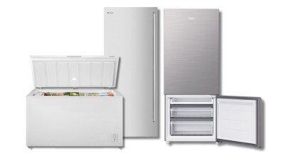 A chest freezer, upright freezer and fridge freezer