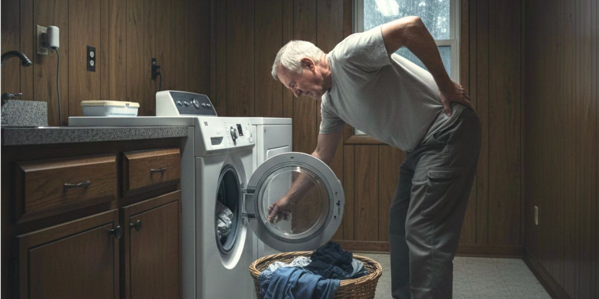 An older man holds his back in pain as he bends to do laundry
