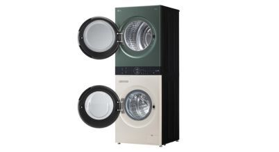 The LG WashTower is an all-in-one unit with washing machine and heat pump dryer and a unified central control panel.