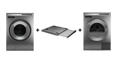 An Asko brand washing machine, heat pump dryer and branded stacking kit that can be stacked together.