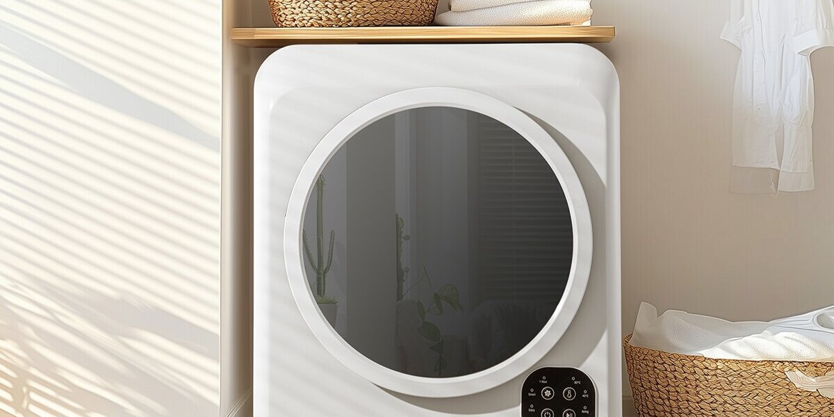 An Onix brand vented clothes tumble dryer in a light contemporary laundry room