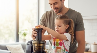 A man and his daughter are making juice with a juicer