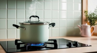 A pan on a cooktop with steam
