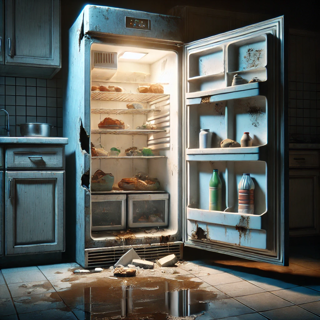 An Ai AI-generated image of a broken fridge with the door open and a mess on the kitchen floor in front of it.