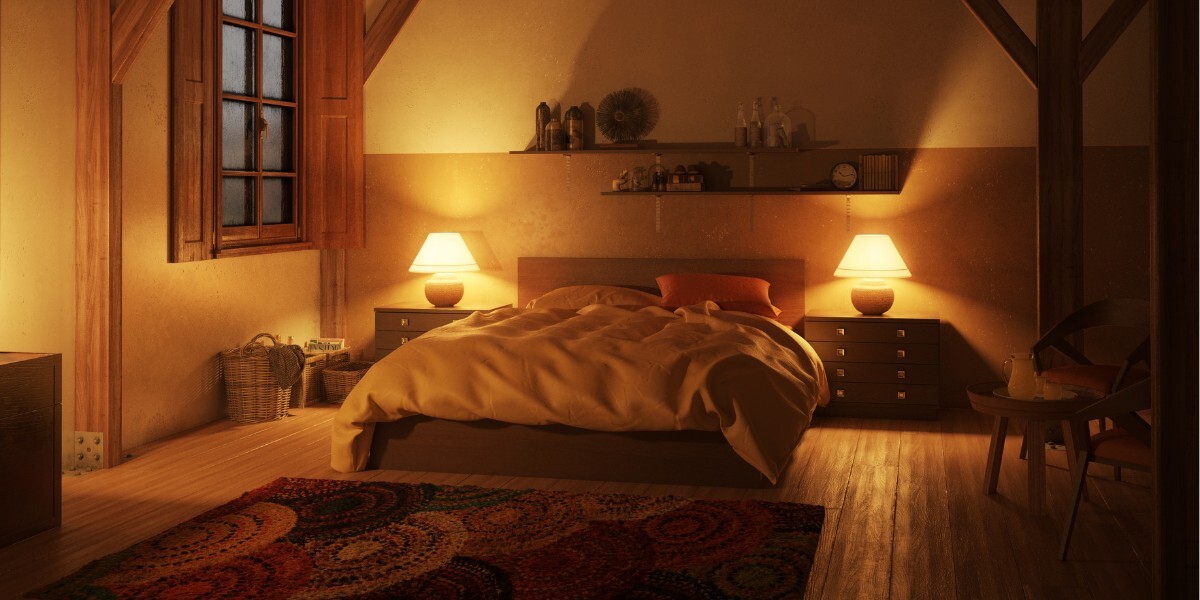 A calm, rustic bedroom at night
