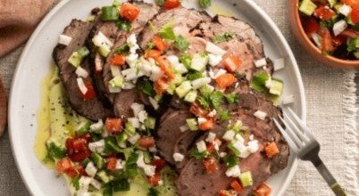 Grilled Beef Fillet with Greek Salad Salsa and Avocado Sauce, courtesy of Winnings and Fisher & Paykel